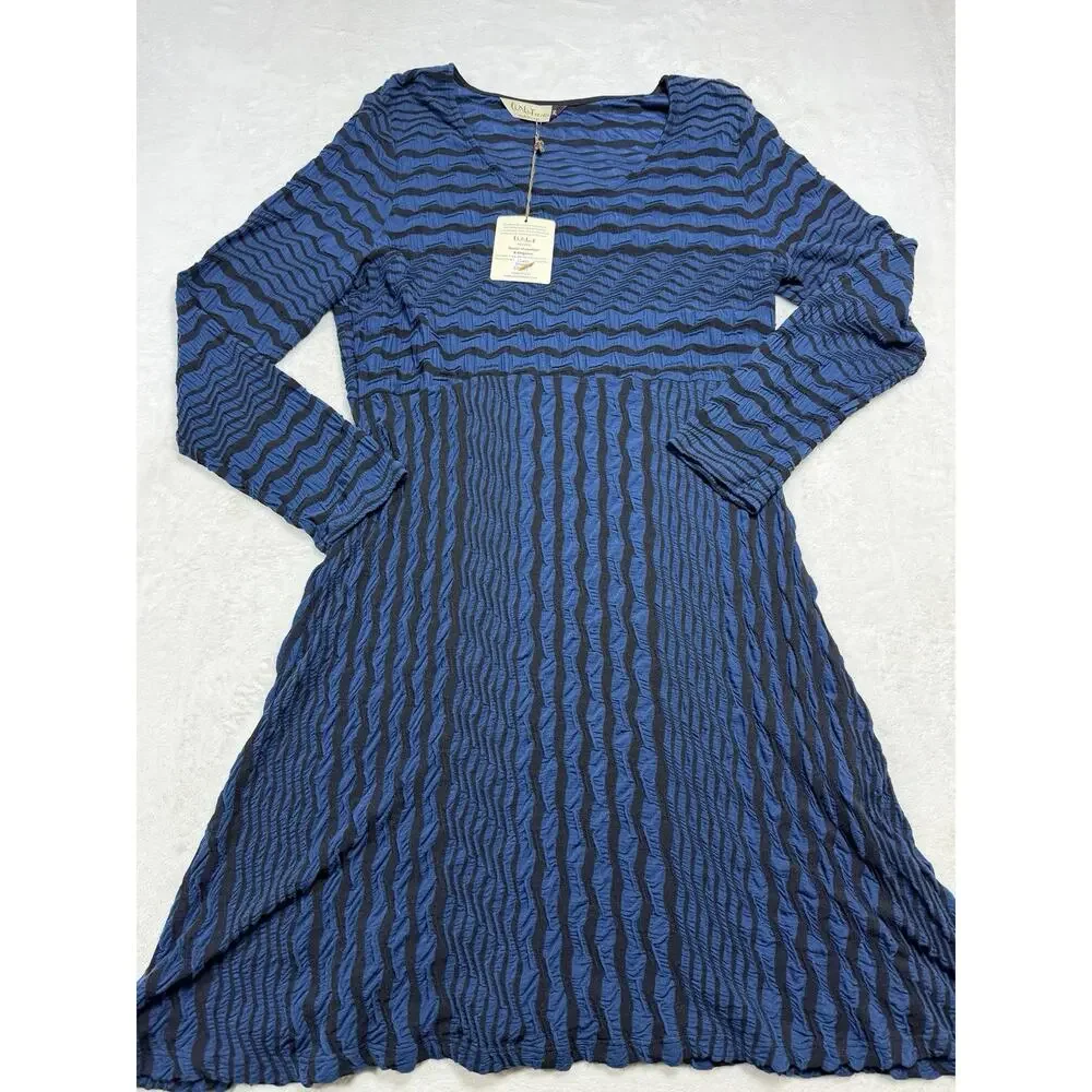 Chalet et Ceci NWT Navy & Black Crinkle Dress Waterfall A Line Lagenlook Sz XL